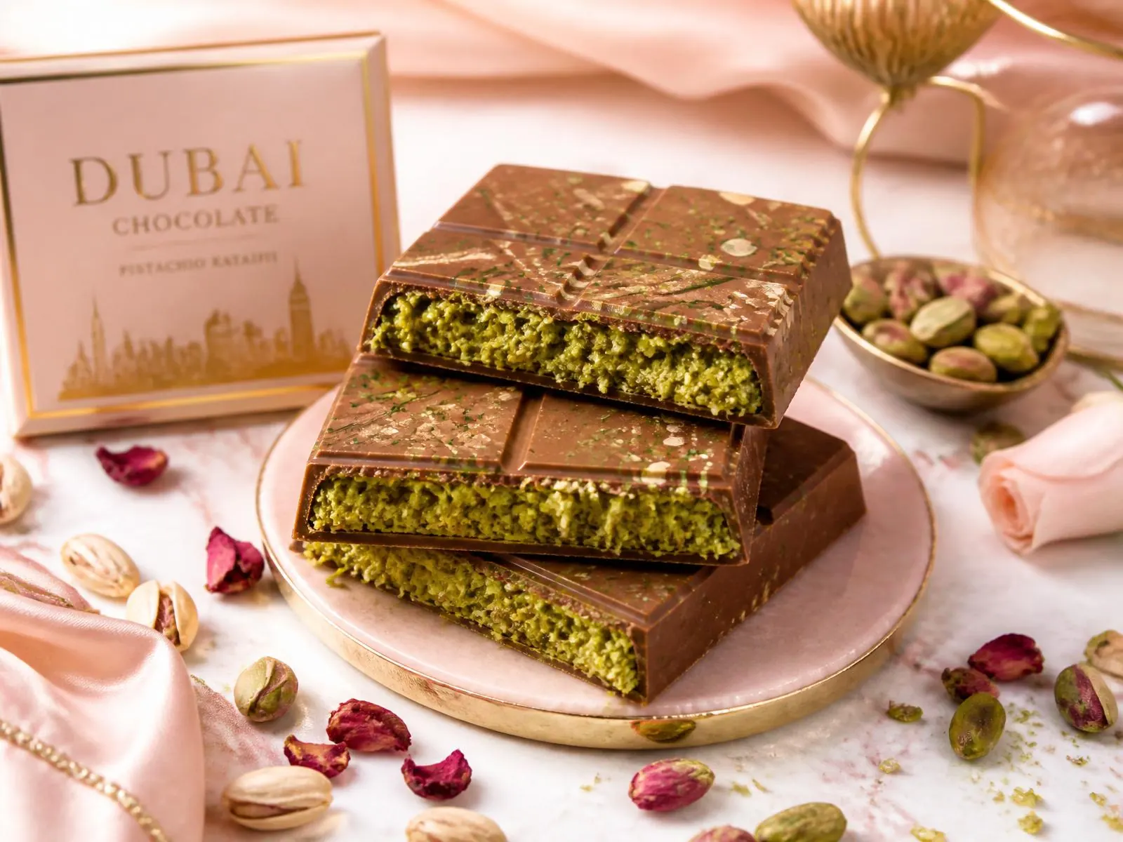 Dubai chocolate bar filled with pistachio and kataifi on a pink background
